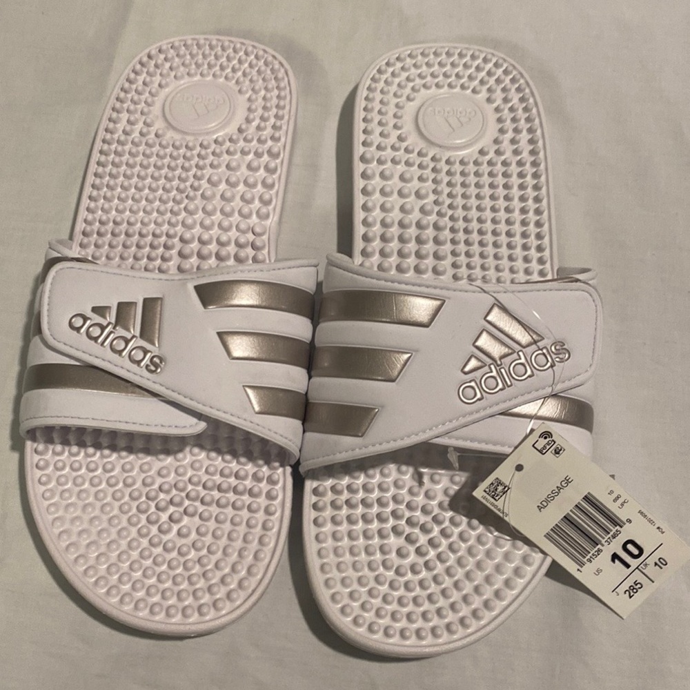 Adidas slides, silver and white, new